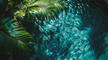 Fototapeta na wymiar Tropical palm leaves on a turquoise water background.
