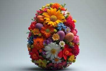 A group of flowers arranged in the shape of an Easter egg, with vibrant petals forming a visually appealing design.