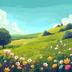 A Flower Field Landscape Illustration