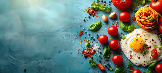A colorful array of fresh ingredients including a fried egg, basil, tomatoes, and pasta on a textured blue surface, perfect for culinary websites or food blogs.