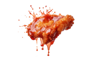 Fried Chicken piece coat with flour or batter that dipping with tomato or ketchup sauce isolated on transparent png background, yummy fast food, fried with perfect flavor ingredients.