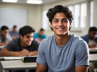Latino male college student sitting in a classroom smiling, student study in class