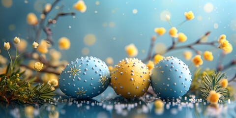 Obraz na płótnie Canvas Easter Greeting With Realistic Blue And Yellow Eggs Generative Ai