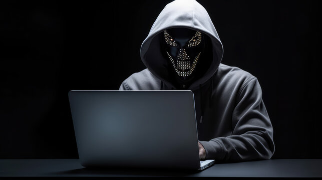 Man wearing mask at computer hacker programmer cyber crime