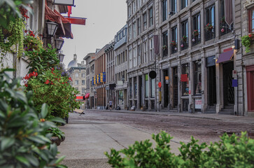 Pedestrian zone with shops, restaurants, city hall and historic architecture in downtown Montréal,...
