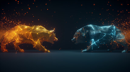 Abstract bull and bear shapes facing off in fiery and icy design, stock market trends concept - obrazy, fototapety, plakaty