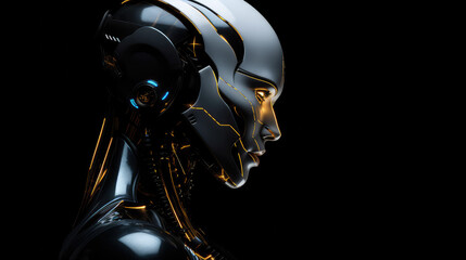 Human looking robot cyborg face dark background