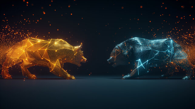 Abstract bull and bear shapes facing off in fiery and icy design, stock market trends concept