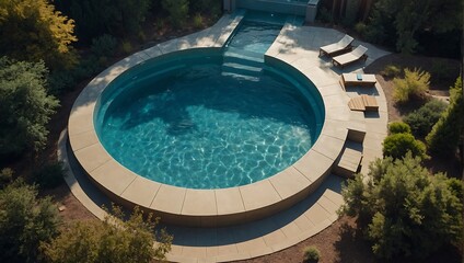 Modern and stylish design of a swimming pool with sitting, trees, stairs, wooden pathways