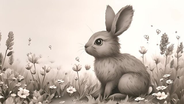 A bunny rabbit of a cute common animal that has long ears and is a symbol of Easter and spring in a hand drawn pencil sketch on white. 4k video. minimalism. Spring Easter Holiday copy space