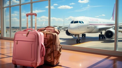 Two pink suitcases stand near the window in front of a large plane, symbolizing the excitement of travel and the promise of new experiences.