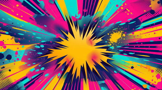 Explosive pop art style burst with vibrant colors and comic book inspired design elements