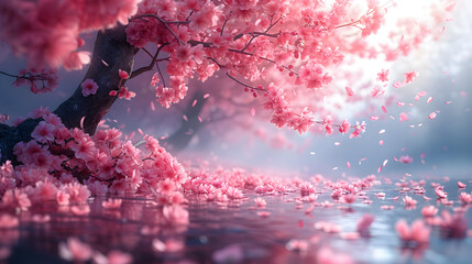cherry blossom, tree in spring, landscape with sakura blooming - obrazy, fototapety, plakaty