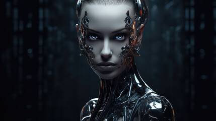 Woman looking robot portrait beautiful cyborg dark background AI generated