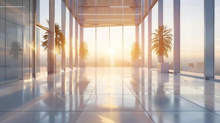 The corridor of a modern office building glows with the light of the setting sun, highlighting its clean lines and reflective surfaces.