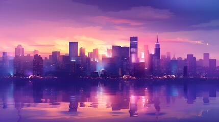 Naklejka premium A digitally-enhanced image showcasing a vibrant, futuristic city skyline reflected on water at dusk, with a blend of pink and blue hues.