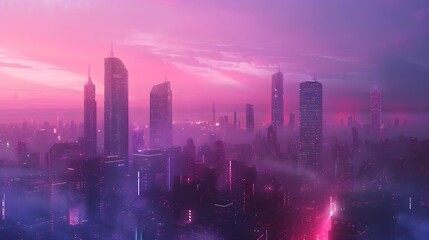 Fototapeta na wymiar A misty dawn sets over a futuristic cityscape, with shades of pink casting a dreamlike glow over the high-rise skyline.