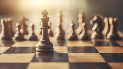 A single king chess piece stands in sharp focus on a sunlit wooden chessboard, symbolizing strategy, power, and the crucial moments of decision-making in a game.