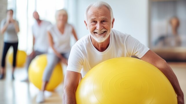 old aged senior man doing sports in a gymnastics studio