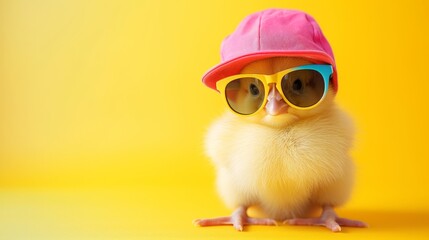 cute young fluffy Easter chick baby with cap and sunglasses - obrazy, fototapety, plakaty