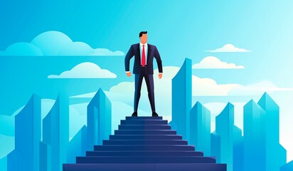Businessman standing on the top step of the stairs for business achievement in a career success concept.