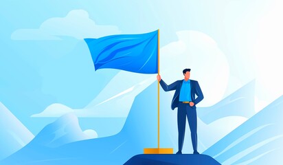 A businessman with a blue flag for Victory or business achievement in a career success concept.