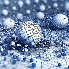 Abstract 3D Network Spheres with Connecting Lines on Blue Background