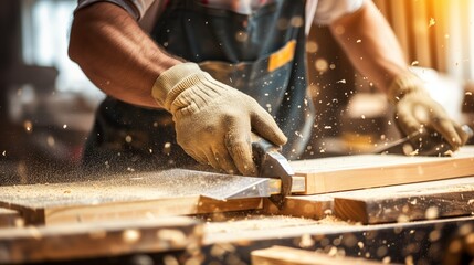 carpenter works wood with modern machines in a large workshop
