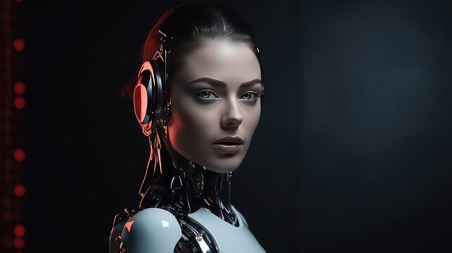 Woman looking robot portrait beautiful cyborg dark background AI generated