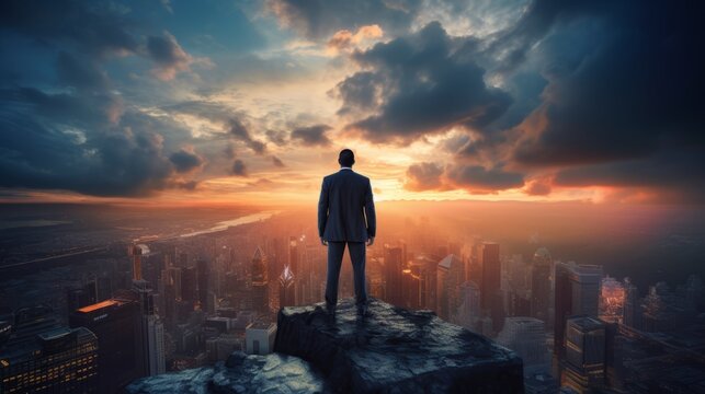 Businessman stands thoughtfully on a mountain overlooking a city with dramatic clouds in the sky