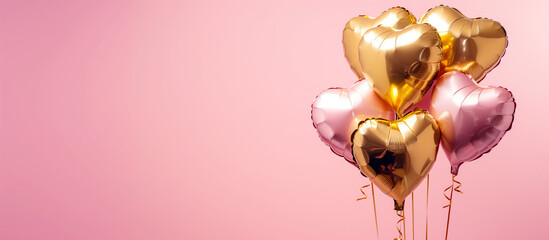 Heart shaped pink and gold foil balloons on pink background with lots of copy space - Generative AI