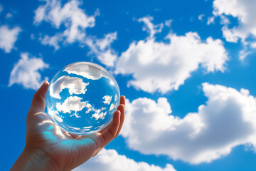 Hand holding up a clear crystal ball against a blue sky with some clouds - Generative AI