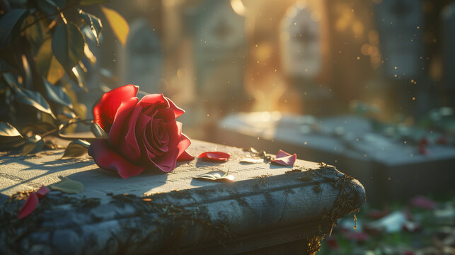 Wilted red rose on a grave with soft sunlight