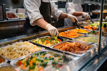 Chef standing behind full lunch service station with assortment of foods in trays.