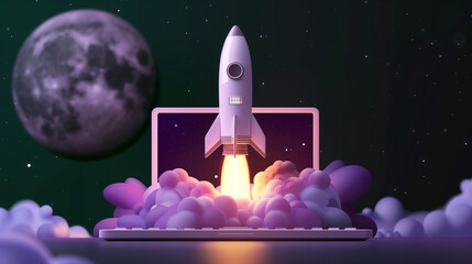 Illustration space rocket launching from an opened laptop - Generative AI