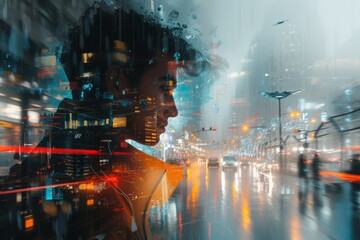 Double Exposure, Man and City lights.