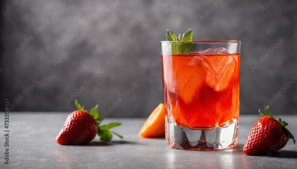 Poster A glass of strawberry juice with a slice of orange and strawberries on the table