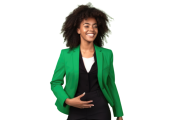 Happy trendy marketing or bussiness curly girl isolated transparent background