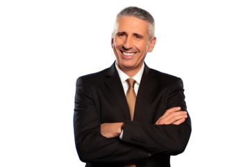 Portrait of smiling bussiness old man with folded arms isolated transparent background