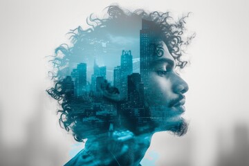 Double Exposure, Man and City in blue, white tones. Copyspace.