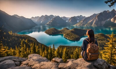 Backpack-adorned girl standing at edge of serene mountain lake - Powered by Adobe