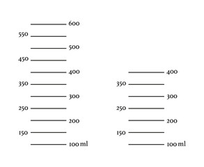 Set of scales 600 and 400 ml liquid volume. Measuring milliliters cup or jug to preparing cooking. Vector template.