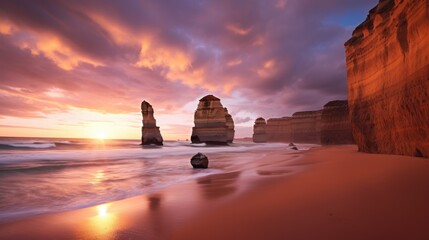 Dreamy Soft Light on 12 Apostles: Captivating Sunset on a Beach in Australia - obrazy, fototapety, plakaty