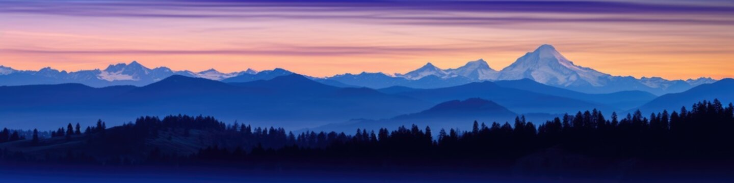 Cascade Mountain Silhouette at Blue Hour. Sunset View of Cascade Mountains in the Background.