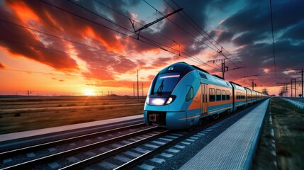 Blue Train on Railway Platform at Sunset in Europe. A Beautiful View of Modern High Speed - obrazy, fototapety, plakaty