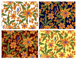 Bright floral seamless patterns. Beautiful collection of seamless patterns with roses, peonies, forget-me-nots, orchids, leaves, flower bouquets, floral arrangements. Covers for laptops, wallpapers.