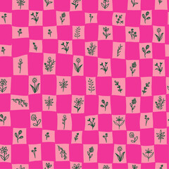 Gridded Garden. Pink check pattern with botanical seamless repeat pattern. Hand drawn, vector flowers, leaves, herbs, branches grid aop all over surface print.