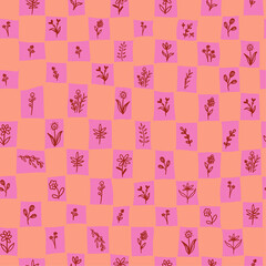 Cute retro iink check pattern with botanical elements seamless repeat pattern. Hand drawn, vector flowers, leaves, herbs, branches grid aop all over surface print.