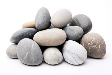 Fototapeta na wymiar Closeup of Grey Pebbles. Isolated Sea Stones on White Background. Mineral Boulder Texture in Shades