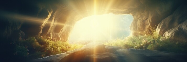 Christian Easter Concept: Resurrection of Jesus Christ. Empty Tomb with Glowing Light 